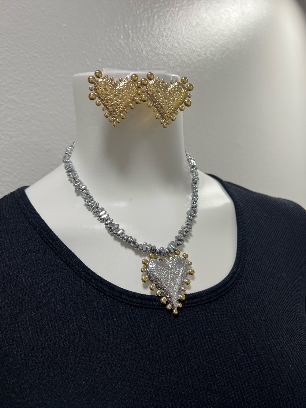 Stainless Steel Two Tone Gold & Silver Textured Heart Necklace & Earrings set